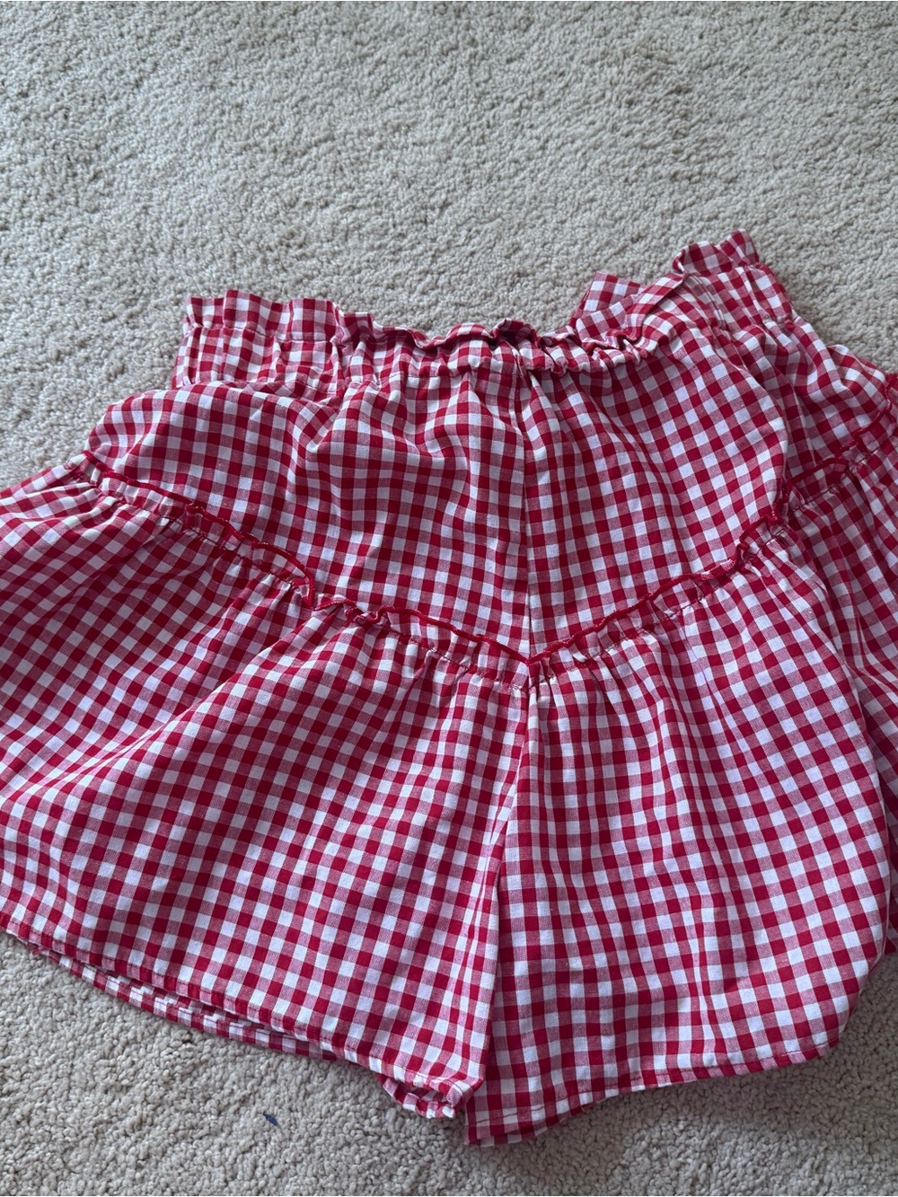 SHEIN Red and White Gingham Ruffled Waist Shorts